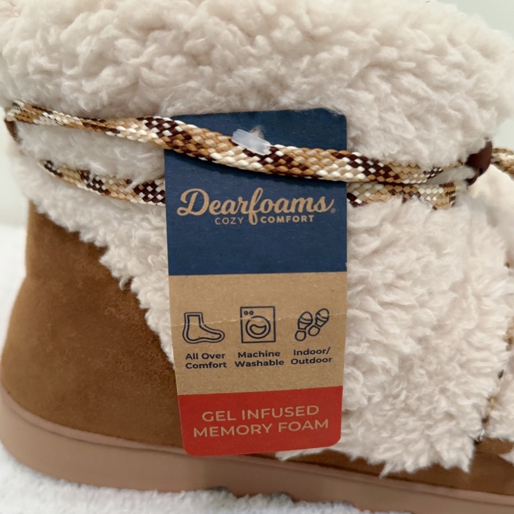 dearfoams Cream Sherpa Lace-Up Booties with Brown Suede Trim - Picture 10 of 12